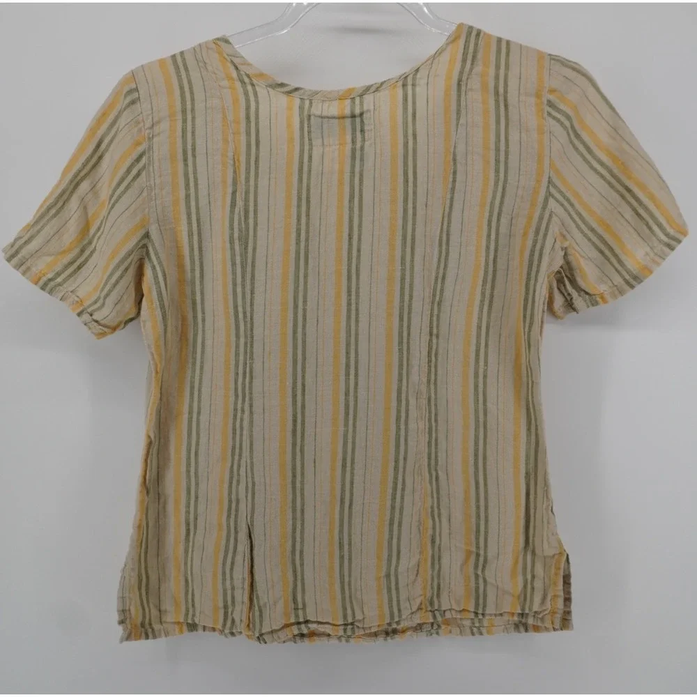 Flax Linen 2 Piece Set Yellow Green Striped Top and Midi Skirt Petite